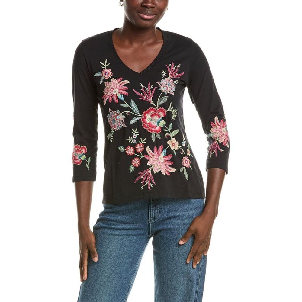 Johnny Was Womens 3/4-Sleeve Trapunto V-Neck T-Shirt, Black